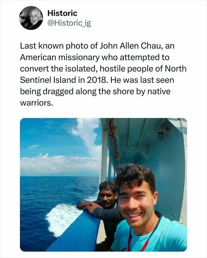 Historic photo of John Allen Chau on a boat near North Sentinel Island, part of interesting historic photos collection.