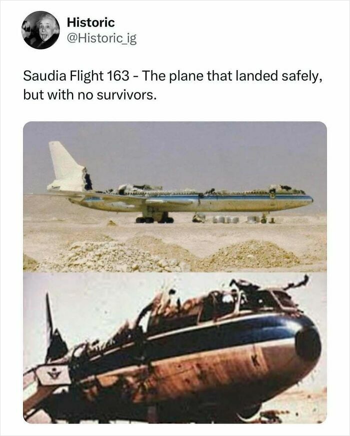 Historic photos showing Saudia Flight 163 wreckage after landing safely with no survivors in a tragic aviation incident.