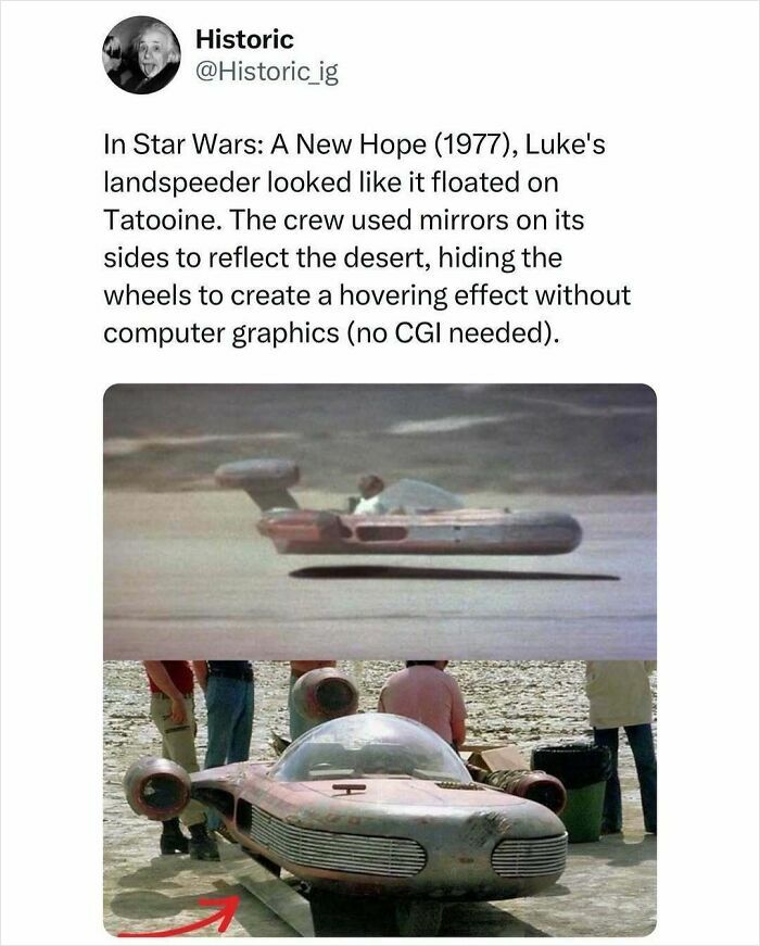 Historic photo of Luke’s landspeeder from Star Wars using mirrors to create a hovering effect without CGI in classic film production.