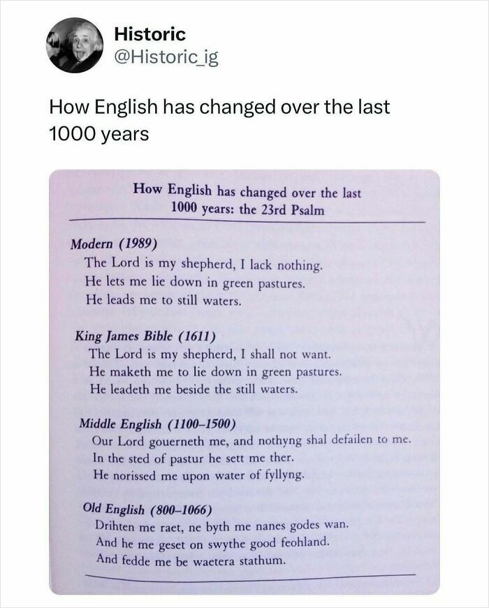 Historic photo showing how English language changed over 1000 years using the 23rd Psalm as an example.