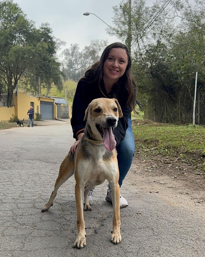 Woman crouching next to a happy shelter dog on a walk, showcasing the pure joy of shelter dogs outdoors.