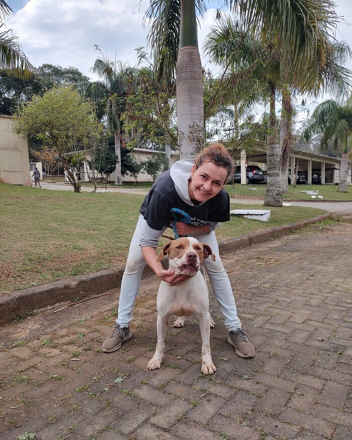 Woman smiling while holding a shelter dog on a weekly walk in a park, capturing the pure joy of shelter dogs.