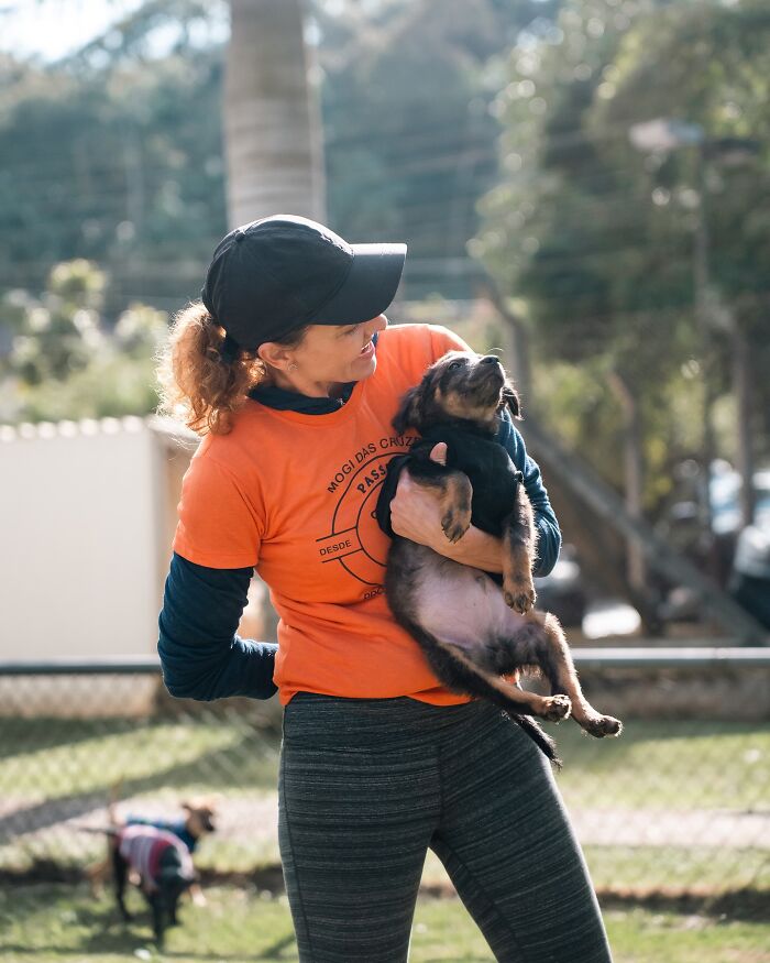 Woman holding a happy shelter dog outside on a sunny day, capturing the pure joy of shelter dogs on weekly walks.