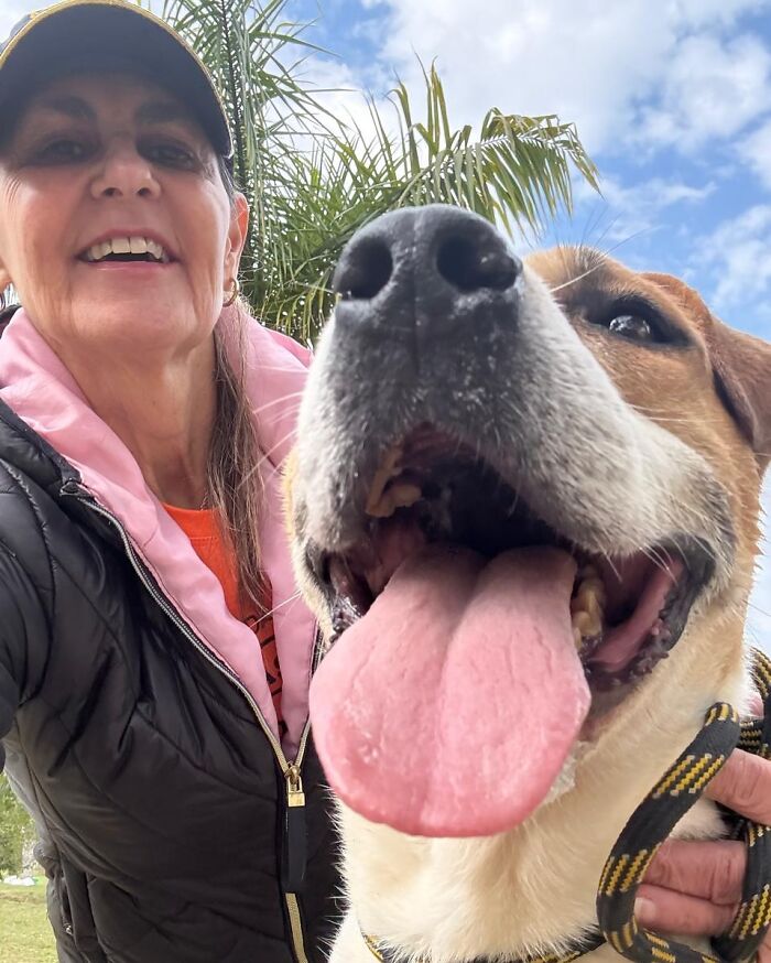 Happy shelter dog with tongue out on a joyful weekly walk with a smiling woman outdoors under blue sky.