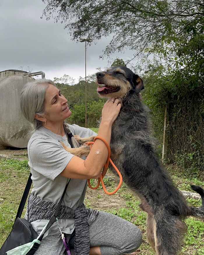 Woman kneeling and happily embracing a joyful shelter dog on a weekly walk in an outdoor green area.