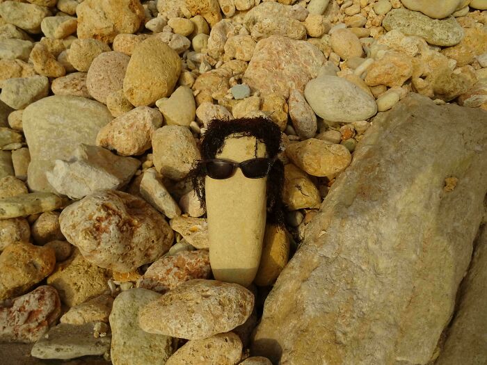 Rock on a rocky beach with sunglasses and hair drawn on it, a funny vacation pic capturing a comedic moment.