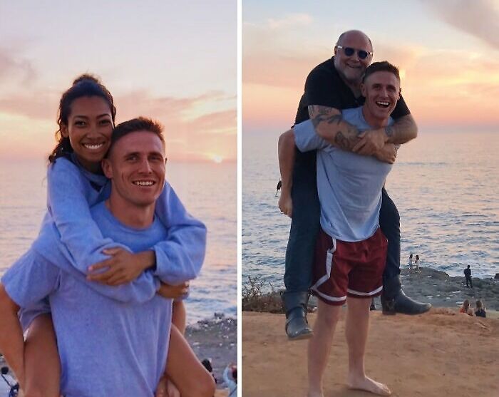Two side-by-side vacation pics of people giving piggyback rides at sunset by the ocean, funny vacation pics moment.