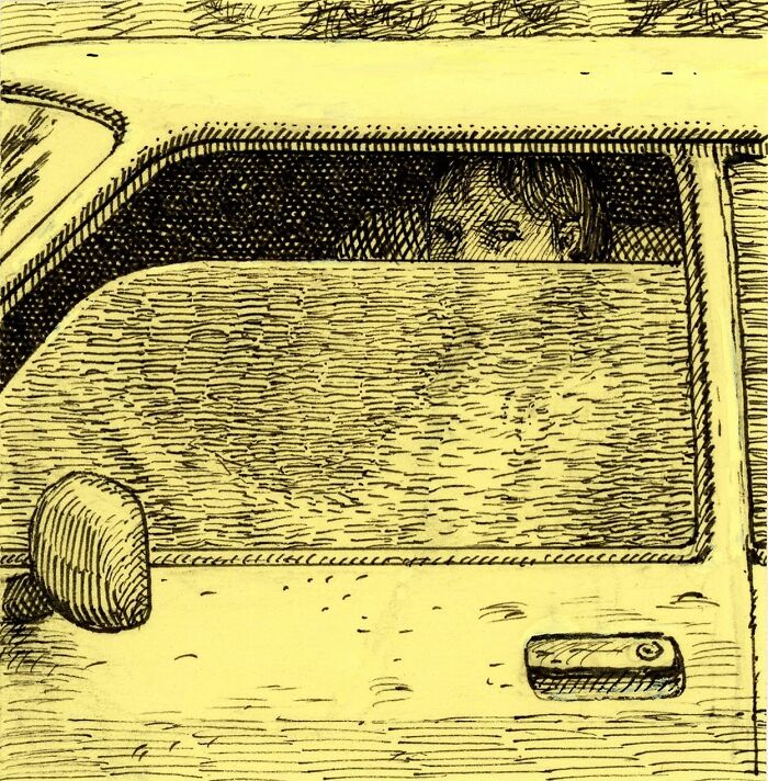Detailed sketch of a person sitting inside a car, drawn entirely on yellow Post-It Notes as canvas.