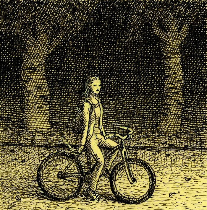 Detailed sketch of a person with a bicycle in a forest, created using Post-It Notes as the artistic medium.