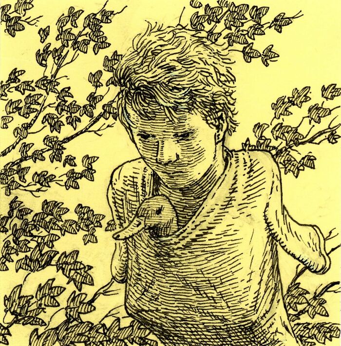 Detailed pen drawing of a person and a duck among branches on yellow Post-It notes, showcasing unique sticky note art.