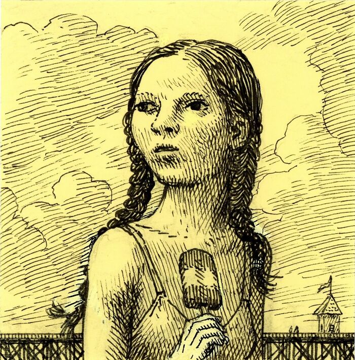 Intricate ink drawing of a girl holding an ice cream on a yellow Post-It note with detailed sky and pier background.