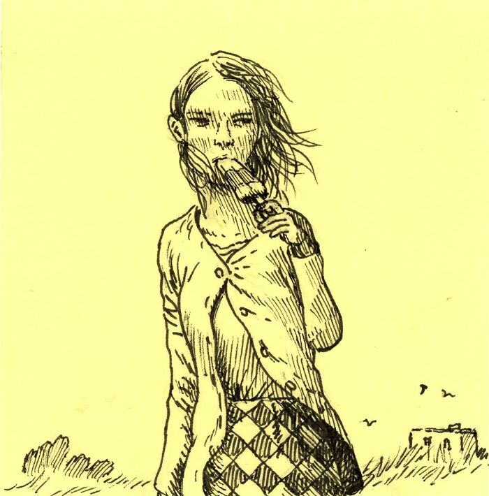 Sketch of a woman eating an ice cream on a yellow Post-It note, showcasing unique Post-It note art creation.