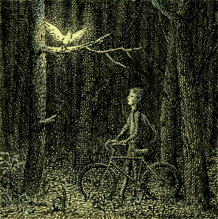 Intricate Post-It note art showing a person with a bicycle in a dark forest illuminated by a glowing bird on a branch.
