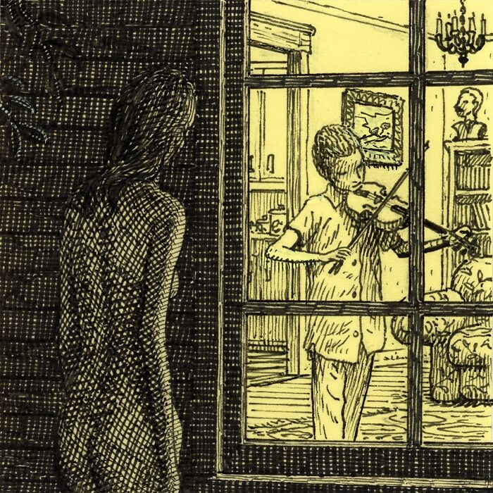 Intricate Post-It note art depicting a person playing violin indoors while another figure watches from outside at night.