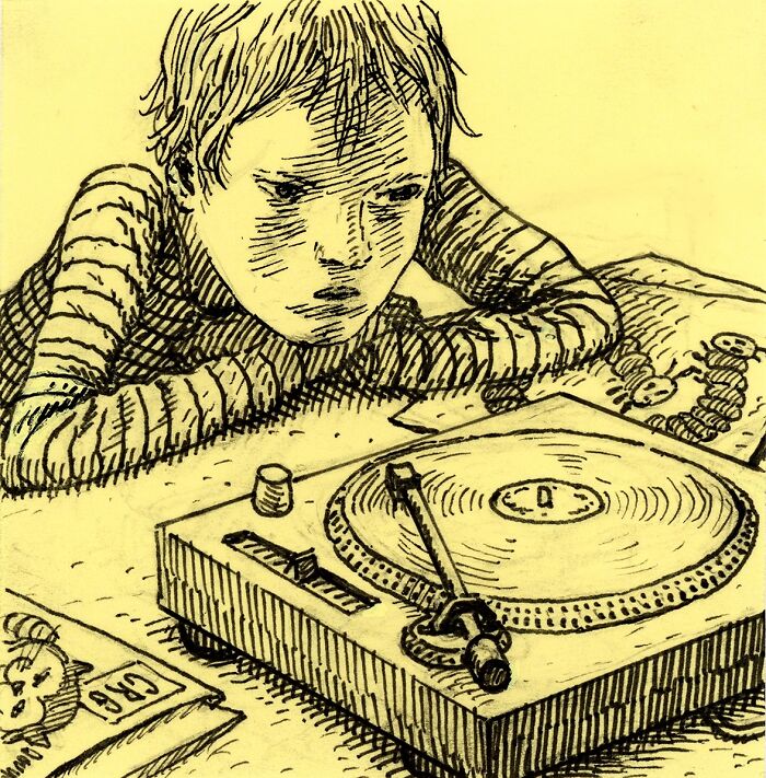Sketch of a person leaning on their arms, intently looking at a turntable drawn on Post-It Notes artwork.