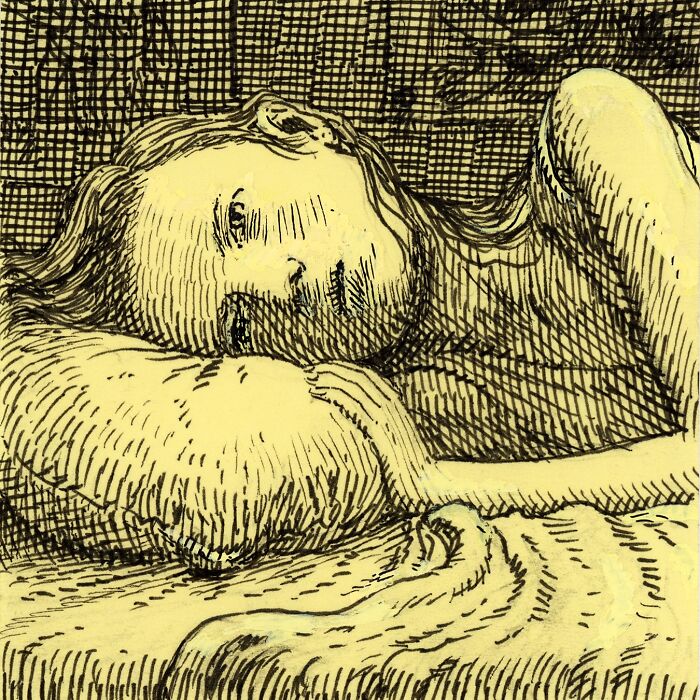 Detailed portrait of a woman lying down created using black ink on yellow Post-It notes, showcasing unique Post-It note art.