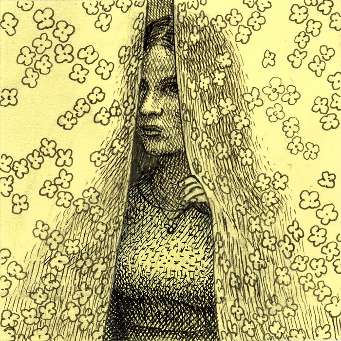 Detailed black ink drawing of a woman behind a floral curtain on yellow Post-It Notes, showcasing unique Post-It art.