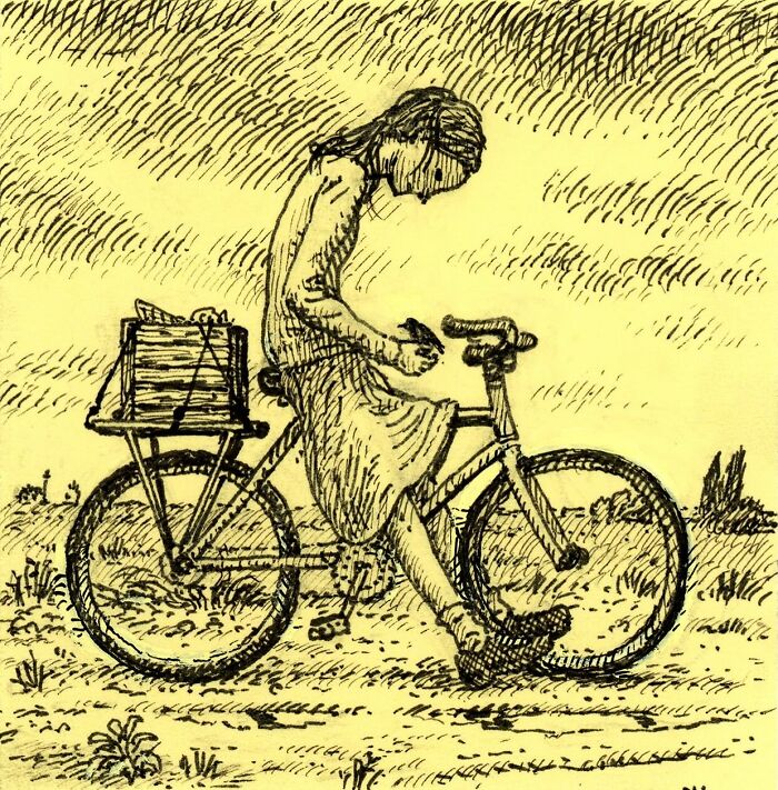 Intricate Post-It Notes art of a girl sitting on a bicycle, showcasing stunning creativity and detailed pen drawing.