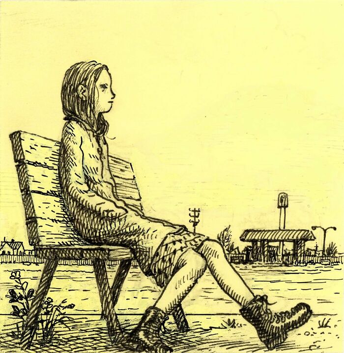 Sketch of a girl sitting on a bench created with ink on a yellow Post-It note showcasing Post-It art creativity.