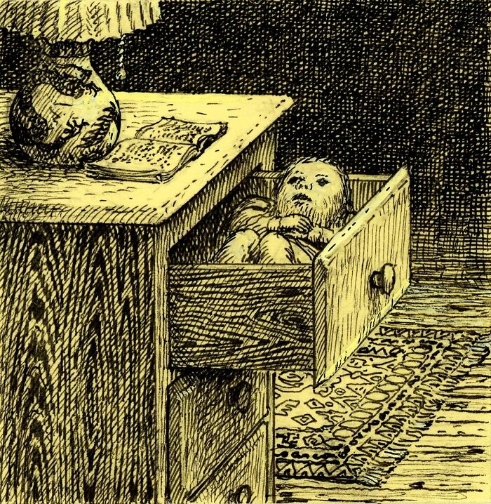 Intricate ink drawing of a doll lying inside an open drawer beside a lamp and book on a wooden table.