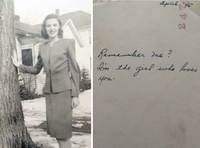 Vintage photo of a woman leaning on a tree with a handwritten note, offering candid glimpses into the past.