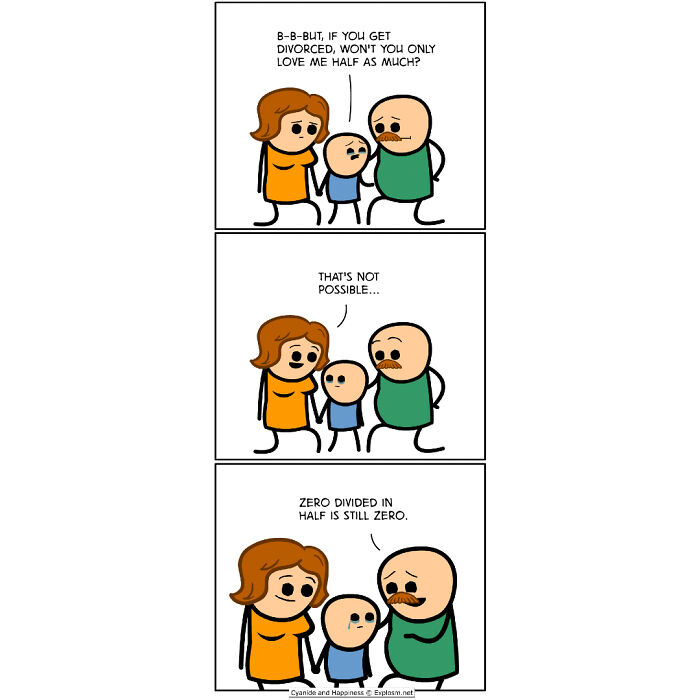 Cyanide & Happiness comic strip showing dark humor about love and divorce with a family conversation.