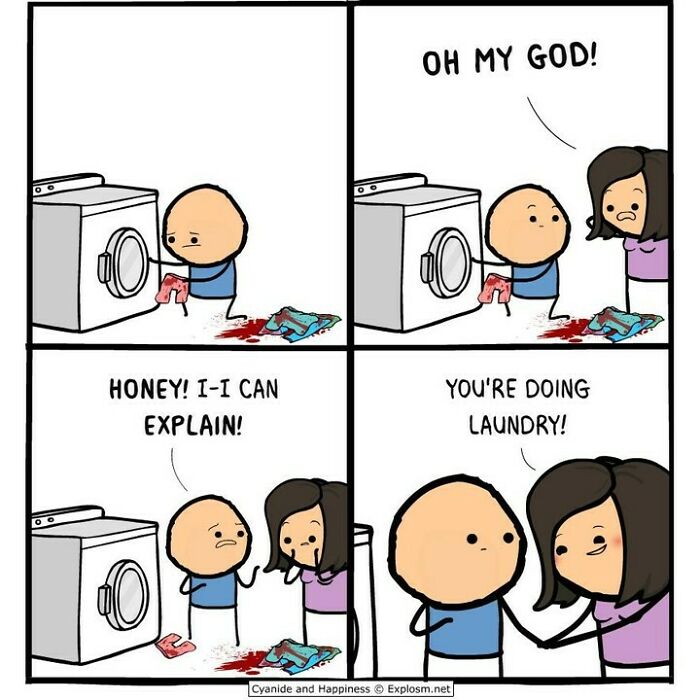 Cyanide and Happiness comic strip showing dark humor with a man doing laundry and a suspicious woman.