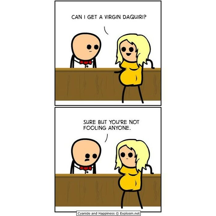 Cyanide and Happiness comic strip featuring dark humor with a pregnant woman ordering a virgin daiquiri at a bar.
