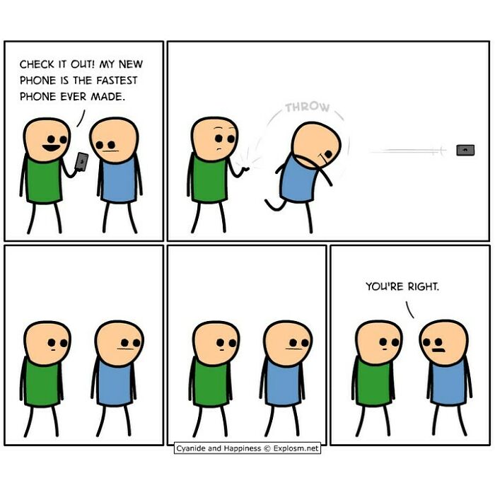 Cyanide and Happiness comic strip with dark humor showing a character throwing his phone in disbelief.