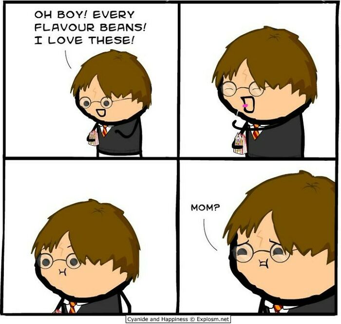 Comic character humorously reacts to eating every flavor beans in a Cyanide and Happiness dark humor comic strip.