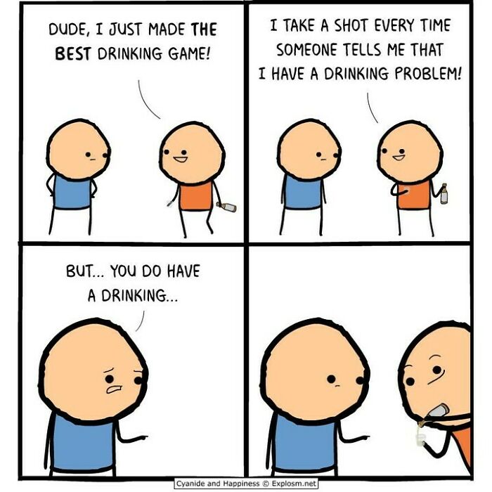 Two Cyanide & Happiness characters discuss a drinking game in a dark humor comic strip.