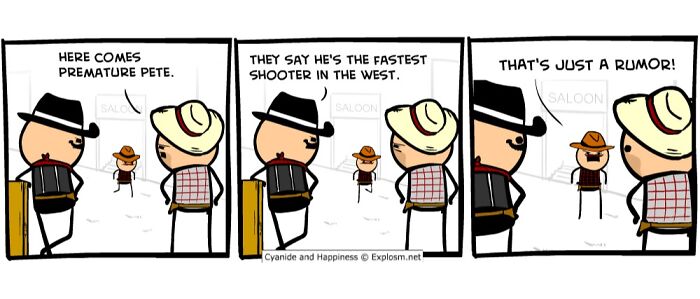 Cyanide and Happiness comic strip featuring dark humor with cowboys in a Western-themed saloon setting.