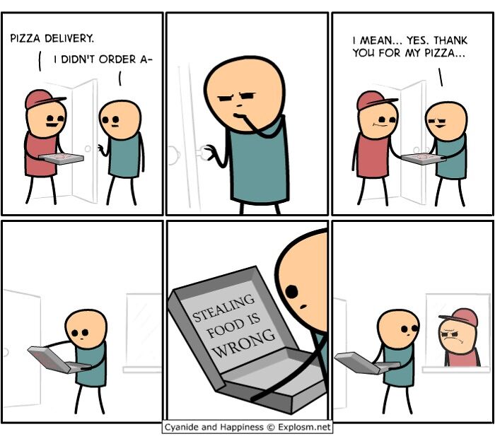 Cyanide & Happiness dark humor comic shows a man receiving unexpected pizza with a funny twist inside the box.