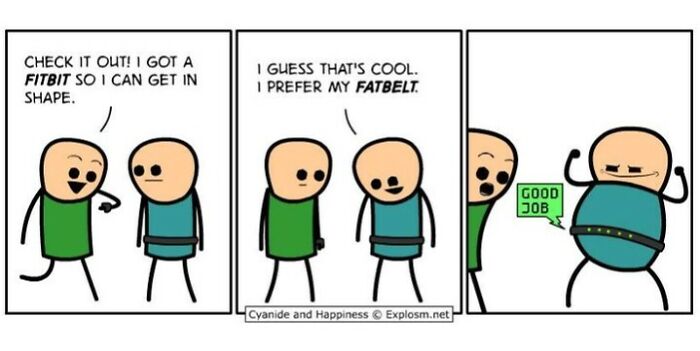 Cyanide & Happiness comic strip with dark humor about fitness trackers and fat belts making you laugh a little too hard.