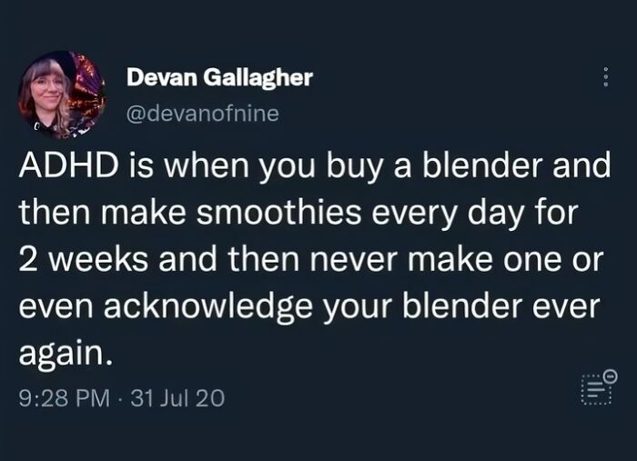 Tweet describing ADHD humor, highlighting forgetfulness and inconsistent habits related to neurodivergence memes.