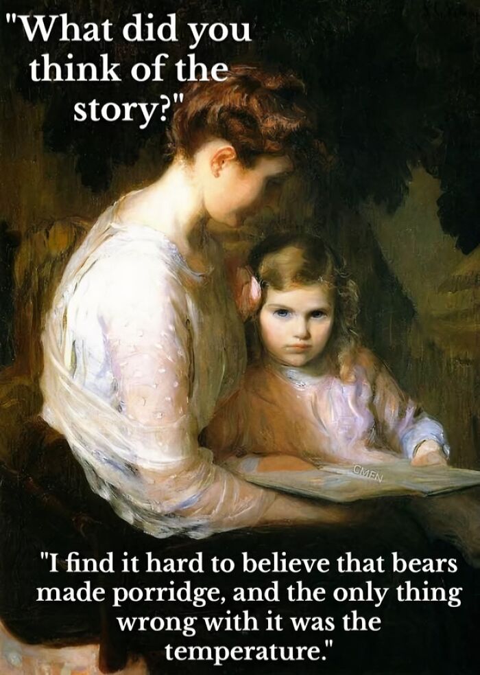 Classical painting of a mother and child with a humorous neurodivergence meme about bears making porridge temperature.