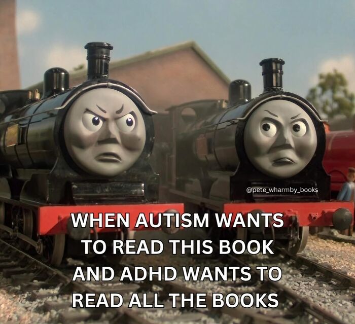 Two angry-faced trains with meme text about autism and ADHD, illustrating neurodivergence humor and differences.