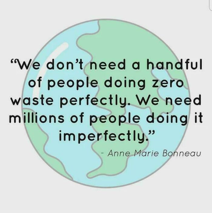 Illustration of Earth with a quote about zero waste and consumerism encouraging imperfect action by many people.
