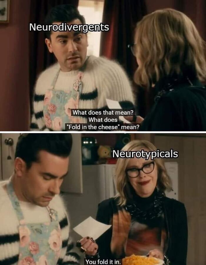 Scene from a TV show showing a conversation between neurodivergents and neurotypicals about the phrase fold in the cheese.
