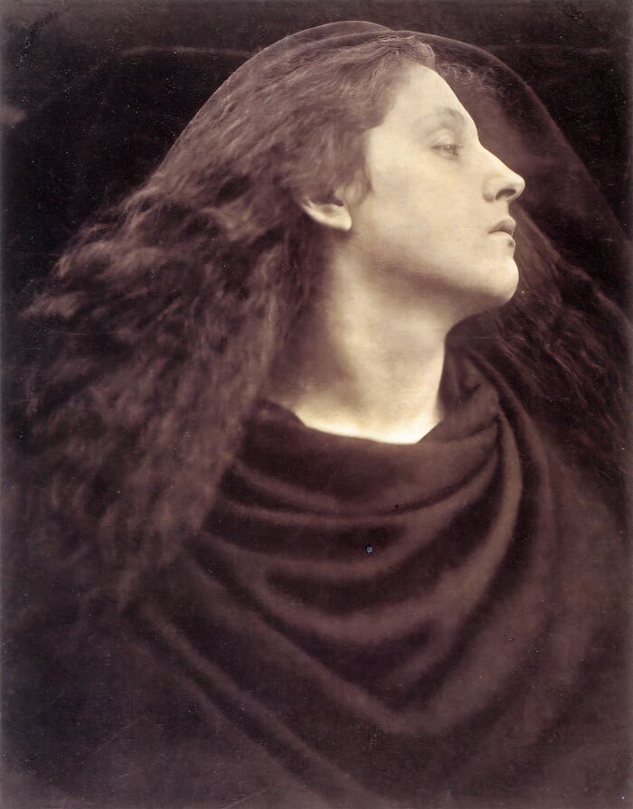 Sepia-toned 19th century photo of a woman with long hair in profile wearing dark draped clothing bringing history alive.