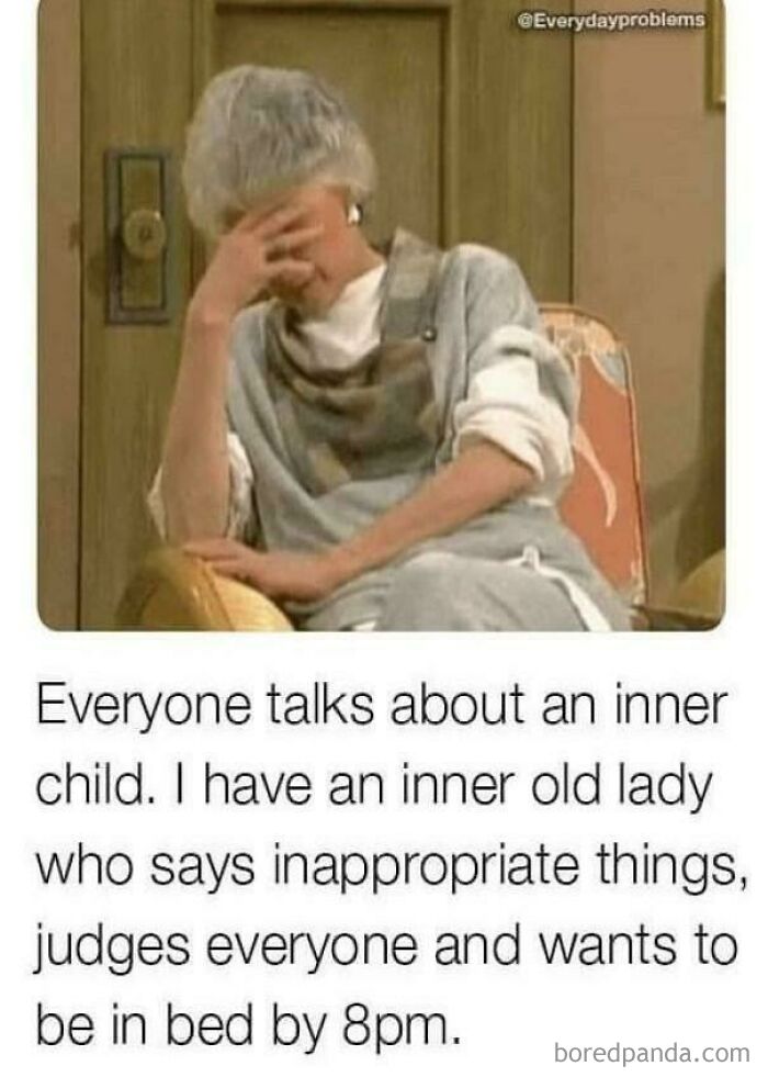 Elderly woman facepalming in chair with funny text about an inner old lady and hilarious random posts.