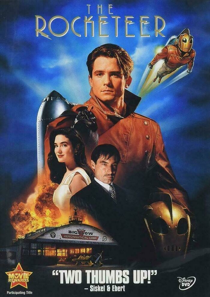 The Rocketeer 90s nostalgic movie poster with main characters and rocket flying