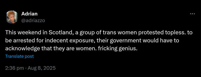 Protest in Scotland with trans women challenging indecent exposure laws, showing chaotic good actions for their rights.