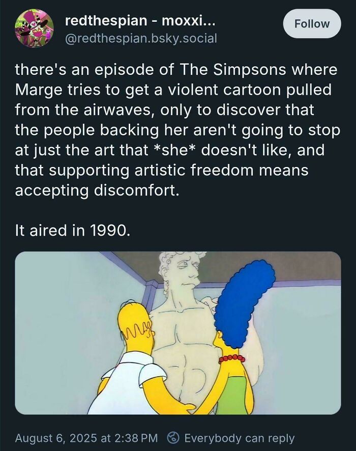 Tweet discussing The Simpsons episode on artistic freedom and discomfort, part of bold tweets that hit a nerve for many.