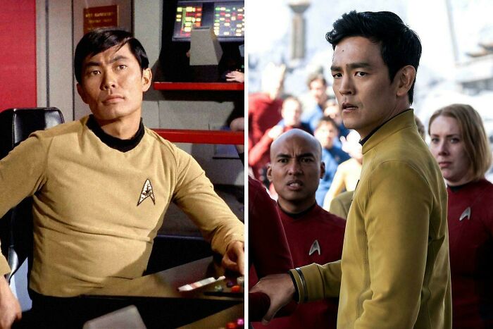 Two Star Trek characters wearing gold uniforms in scenes highlighting bad movie details from confusing film moments.