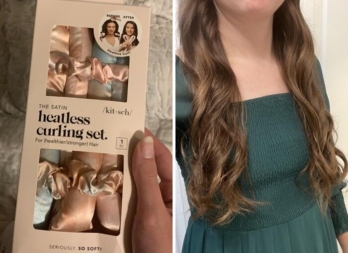 Satin heatless curling set packaging held in hand and woman with glossy heatless curls wearing green dress trending on Amazon.