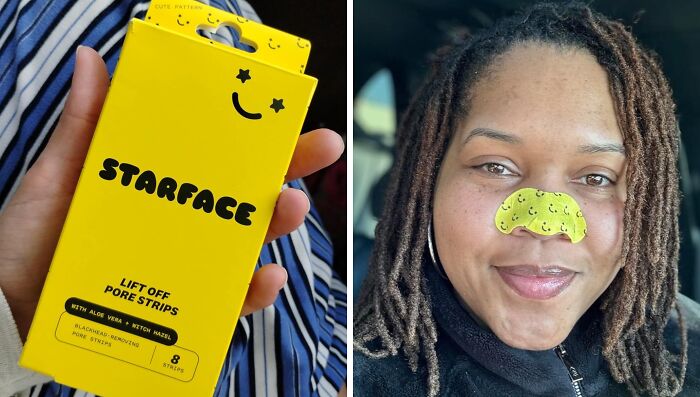 Starface pore strips being held and applied on a person's nose, trending Amazon add to cart worthy finds.