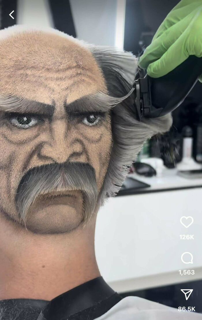 Creative haircut with a detailed face design showing awful taste but great e*******n in hair art style.