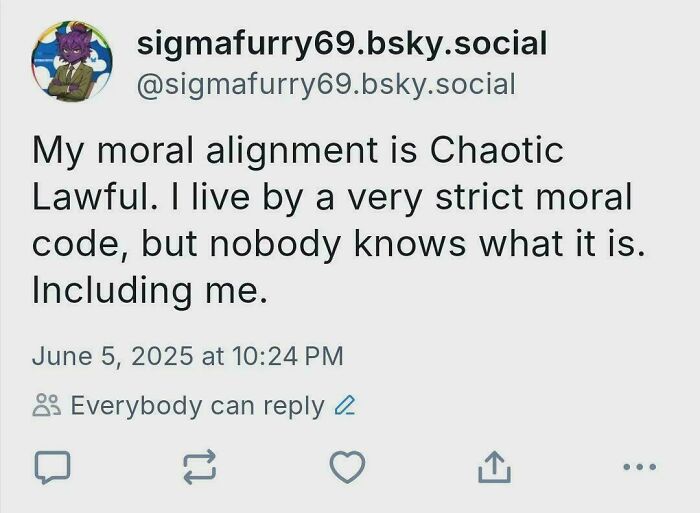 Random funny social media post about chaotic lawful moral alignment and an unknown strict moral code.