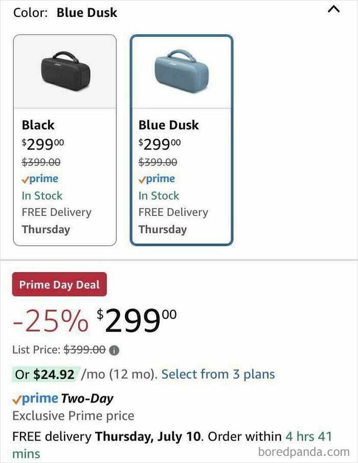Prime Day deal showing discounted consumerism with a headset priced at $299 and free delivery options available.